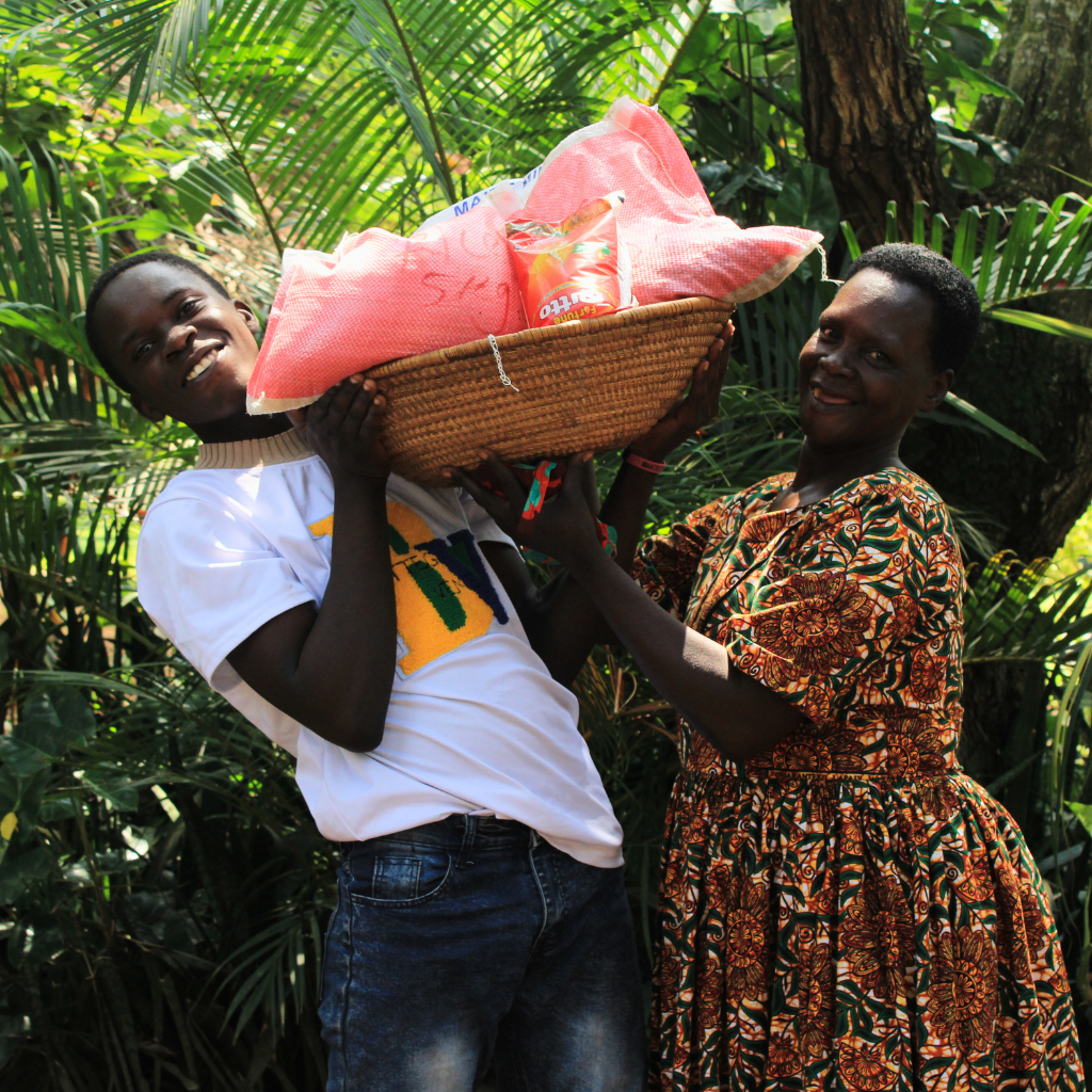 mum and son with food basket